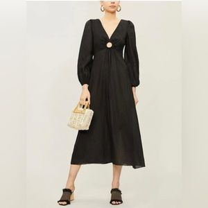 Zimmerman long sleeved v neck black linen dress with circle cutout